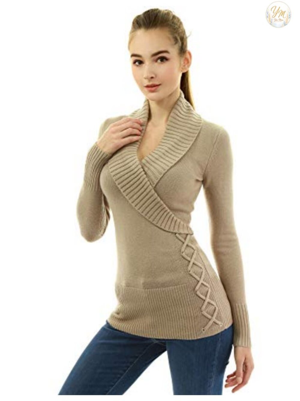 Women Slim Fit Shawl Collar Faux Wrap Lace Up Long Sleeve Acrylic Sweater